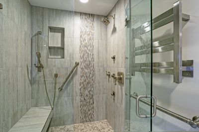 Glass Shower with Vertical Tile Accents